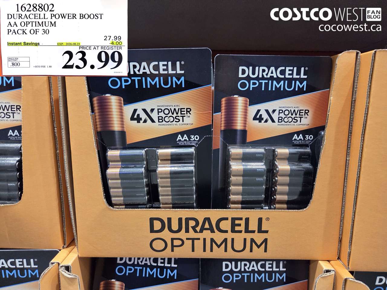 1628802 DURACELL POWER BOOST AA OPTIMUM PACK OF 30 ($4.00 INSTANT SAVINGS EXPIRES ON 2026-08-23) $23.99