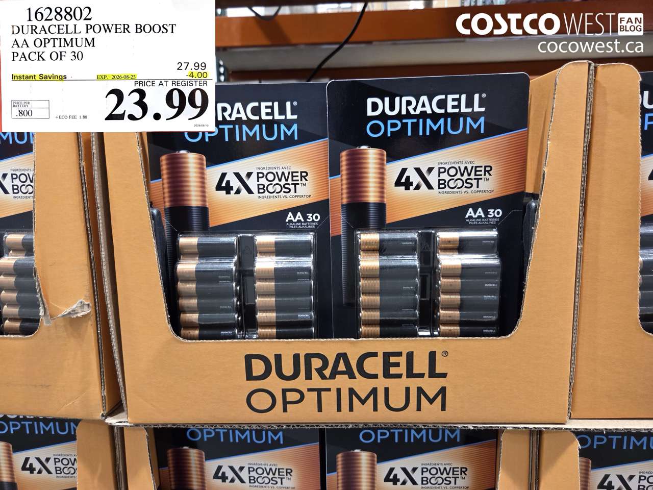 1628802 DURACELL POWER BOOST AA OPTIMUM PACK OF 30 ($4.00 INSTANT SAVINGS EXPIRES ON 2026-08-23) $23.99