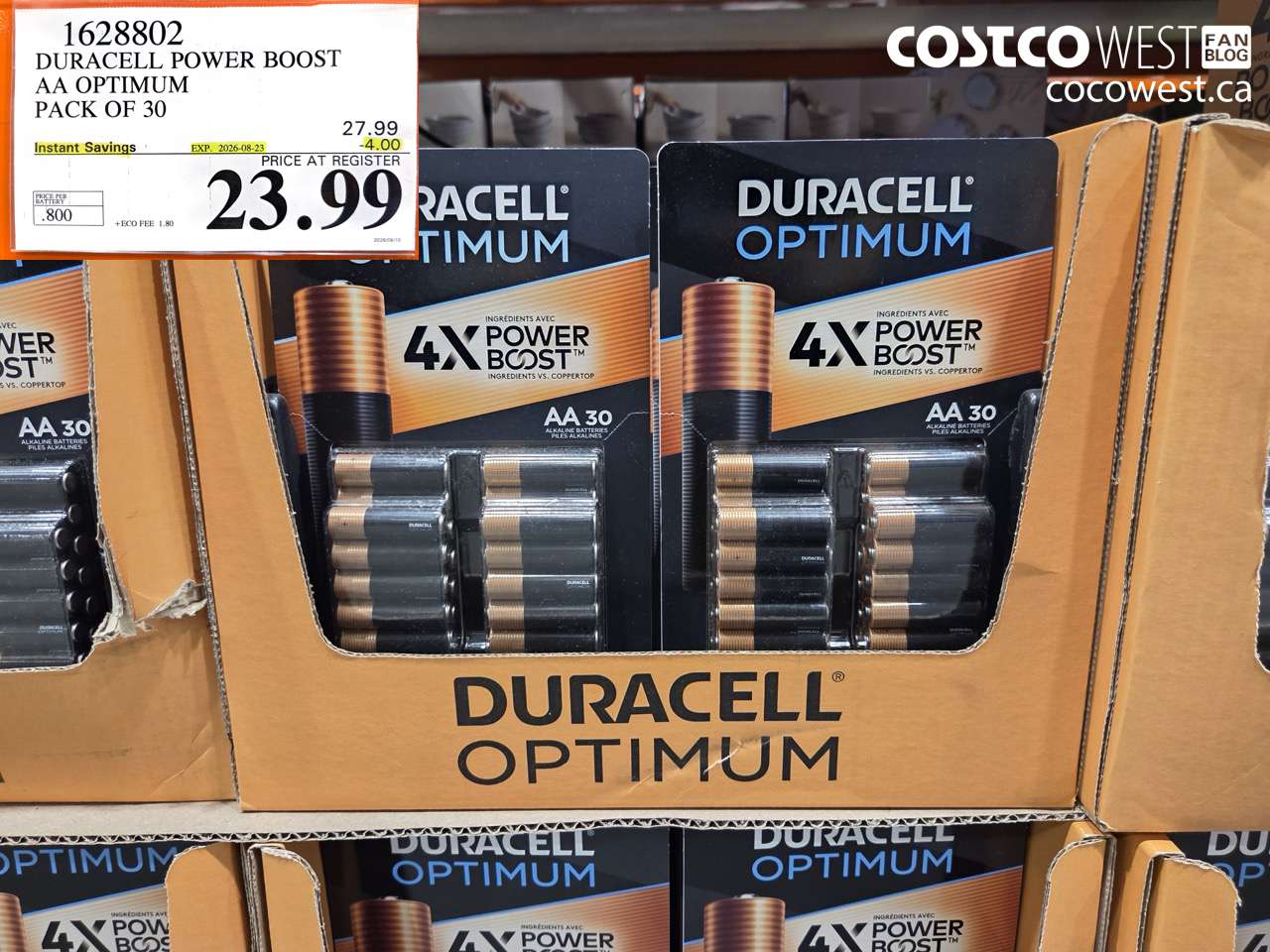 1628802 DURACELL POWER BOOST AA OPTIMUM PACK OF 30 ($4.00 INSTANT SAVINGS EXPIRES ON 2026-08-23) $23.99