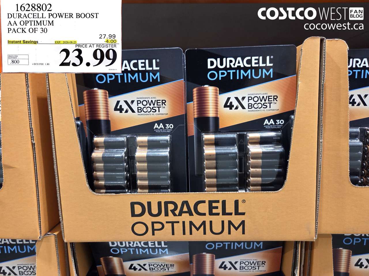 1628802 DURACELL POWER BOOST AA OPTIMUM PACK OF 30 ($4.00 INSTANT SAVINGS EXPIRES ON 2026-08-23) $23.99