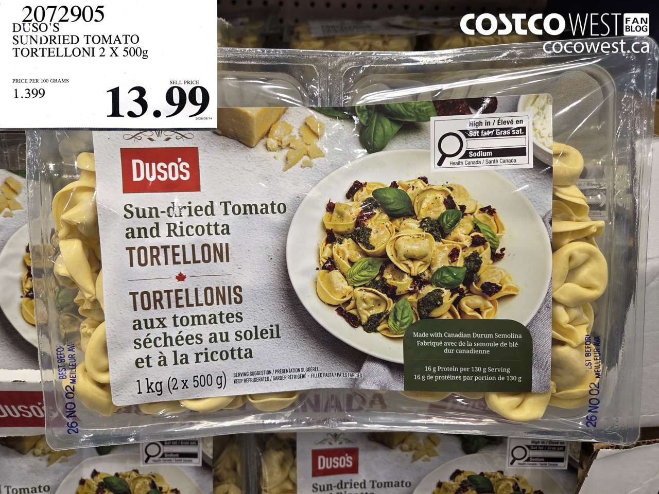 2072905 DUSO'S SUNDRIED TOMATO TORTELLONI 2 X 500G $13.99