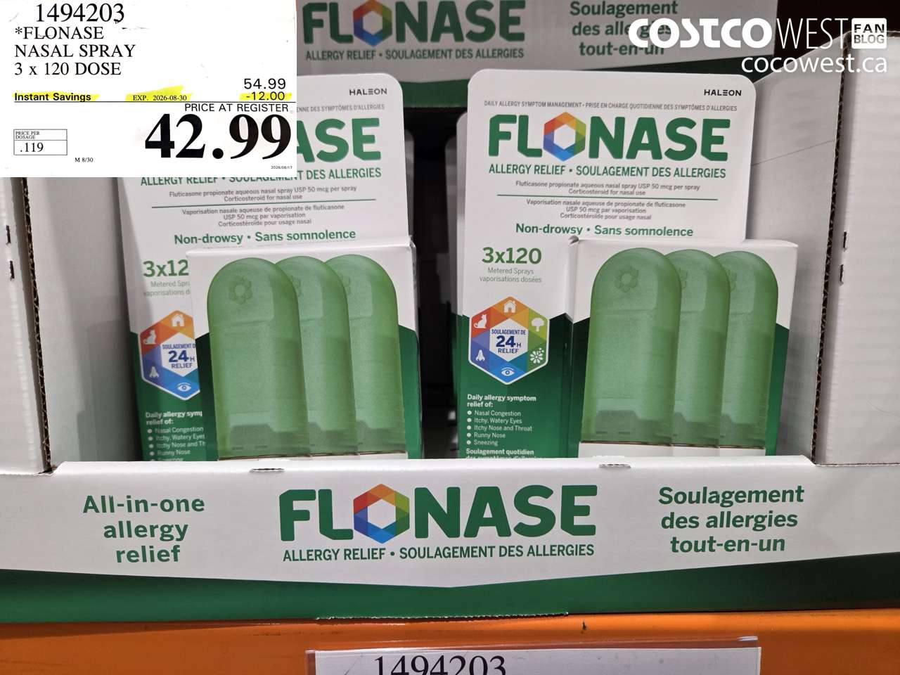 1494203 FLONASE NASAL SPRAY 3 X 120 DOSE ($12.00 INSTANT SAVINGS EXPIRES ON 2026-08-30) $42.99
