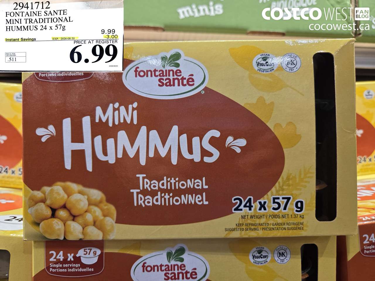 2941712 FONTAINE SANTE MINI TRADITIONAL HUMMUS 24 X 57G ($3.00 INSTANT SAVINGS EXPIRES ON 2026-08-30) $6.99