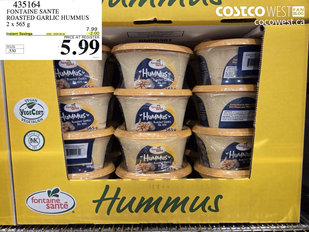 435164 FONTAINE SANTE ROASTED GARLIC HUMMUS 2 X 565 G ($2.00 INSTANT SAVINGS EXPIRES ON 2026-09-06) $5.99