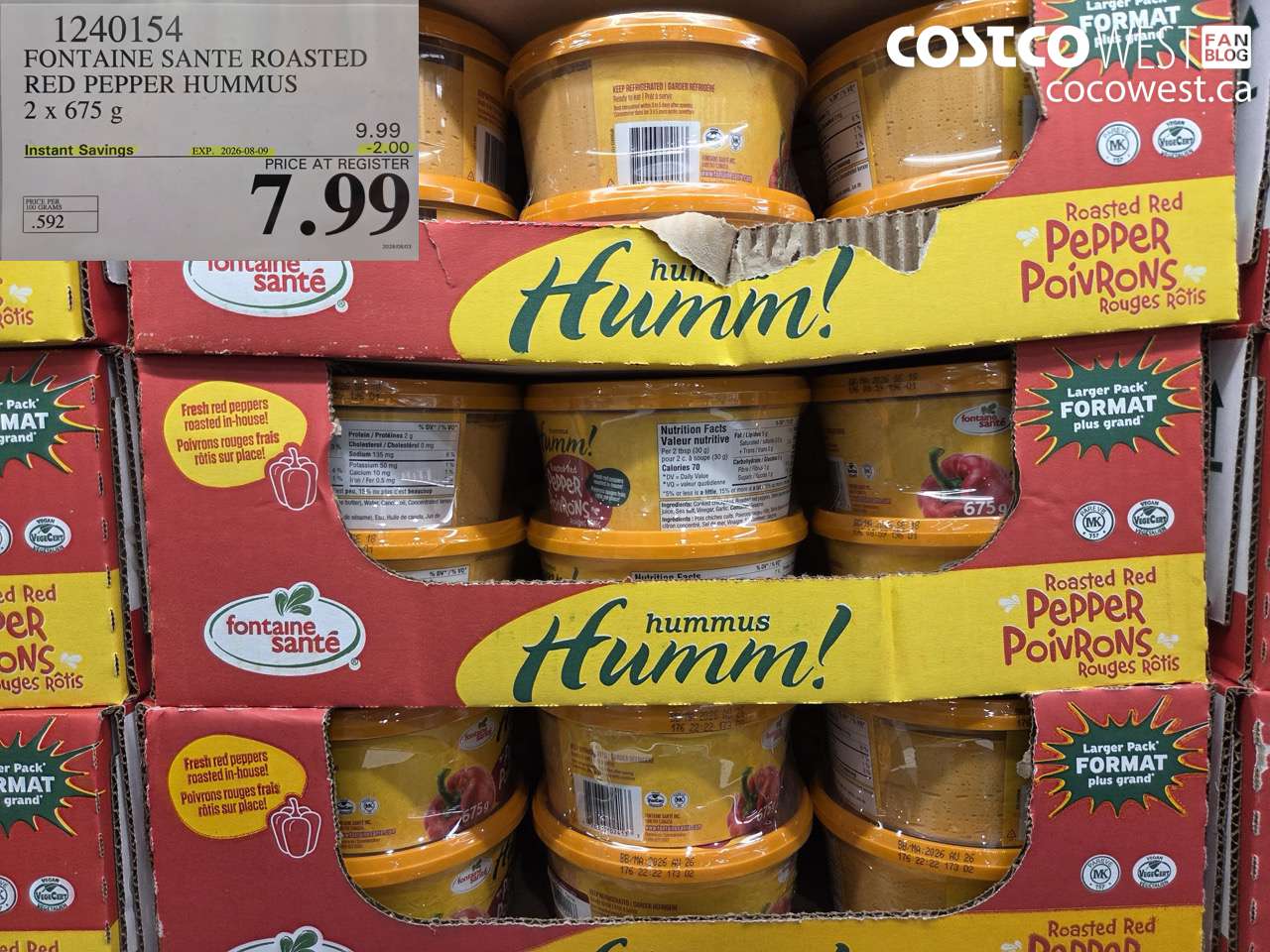 1240154 FONTAINE SANTE ROASTED RED PEPPER HUMMUS 2 X 675 G ($2.00 INSTANT SAVINGS EXPIRES ON 2026-08-09) $7.99