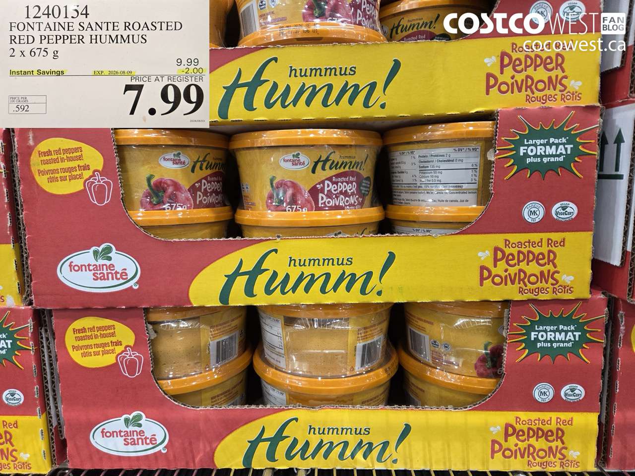 1240154 FONTAINE SANTE ROASTED RED PEPPER HUMMUS 2 X 675 G ($2.00 INSTANT SAVINGS EXPIRES ON 2026-08-09) $7.99