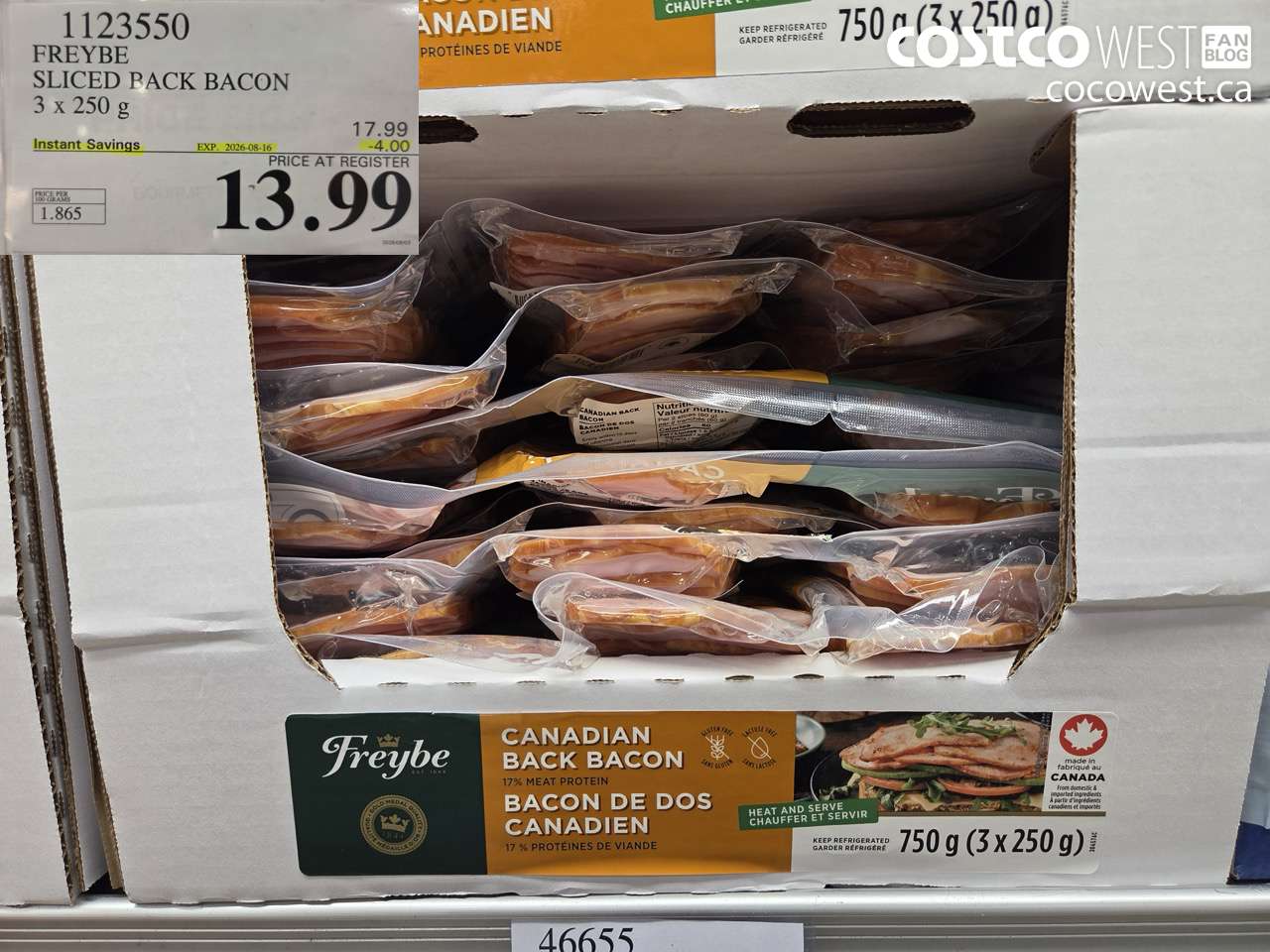 1123550 FREYBE SLICED BACK BACON 3 X 250 G ($4.00 INSTANT SAVINGS EXPIRES ON 2026-08-16) $13.99