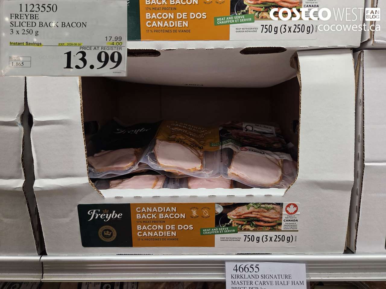 1123550 FREYBE SLICED BACK BACON 3 X 250 G ($4.00 INSTANT SAVINGS EXPIRES ON 2026-08-16) $13.99