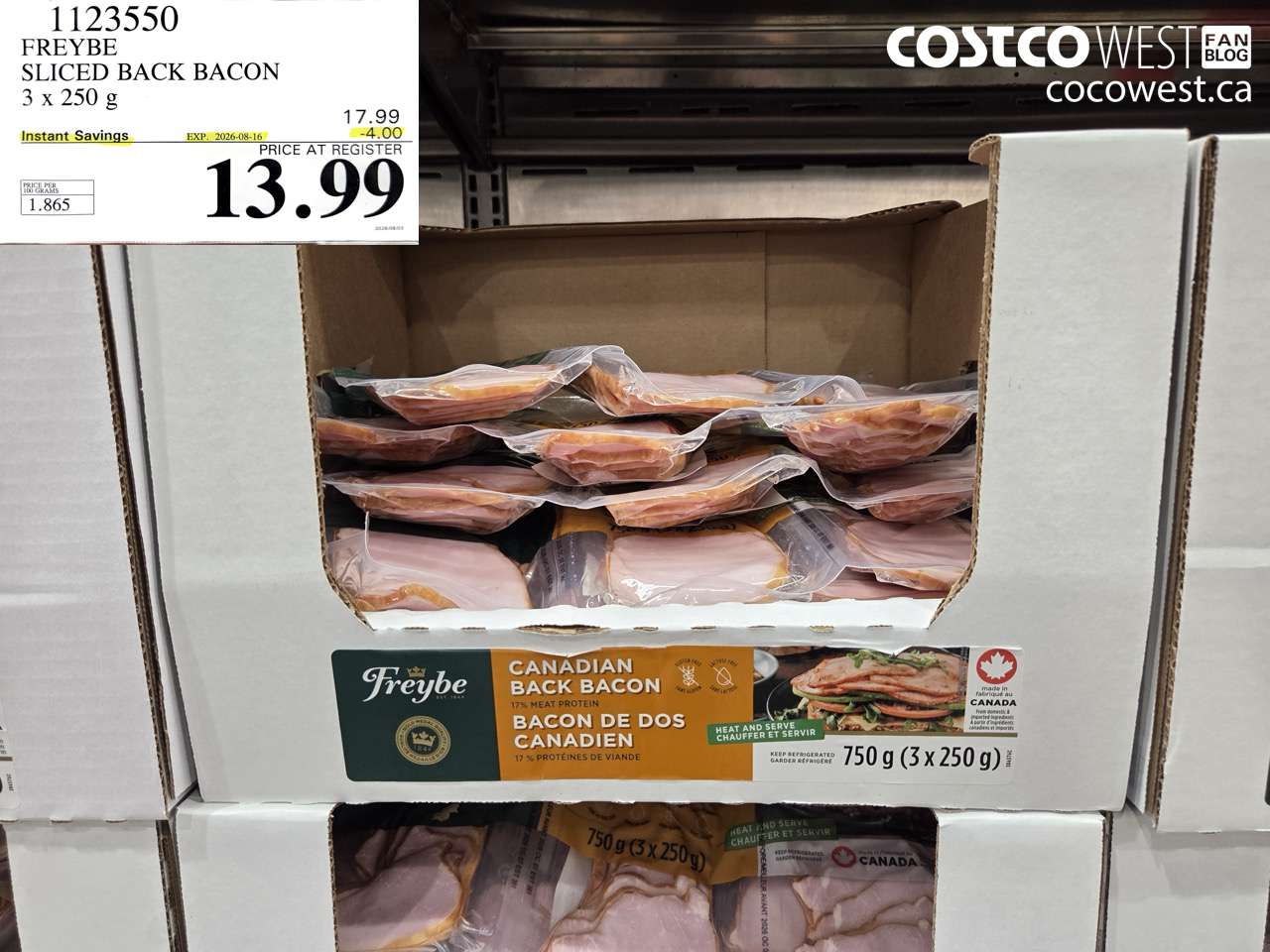 1123550 FREYBE SLICED BACK BACON 3 X 250 G ($4.00 INSTANT SAVINGS EXPIRES ON 2026-08-16) $13.99