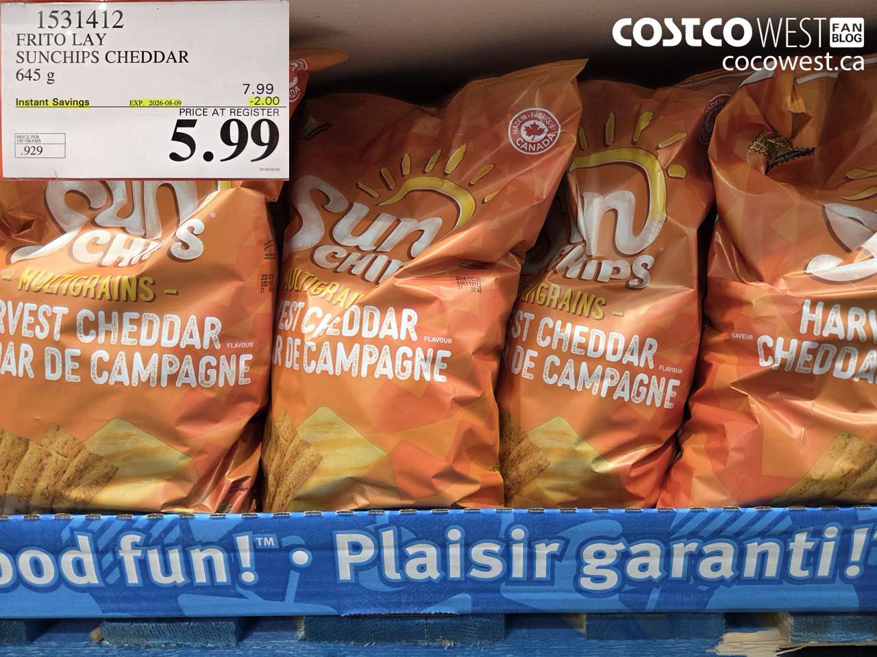 1531412 FRITO LAY SUNCHIPS CHEDDAR 645 G ($2.00 INSTANT SAVINGS EXPIRES ON 2026-08-09) $5.99