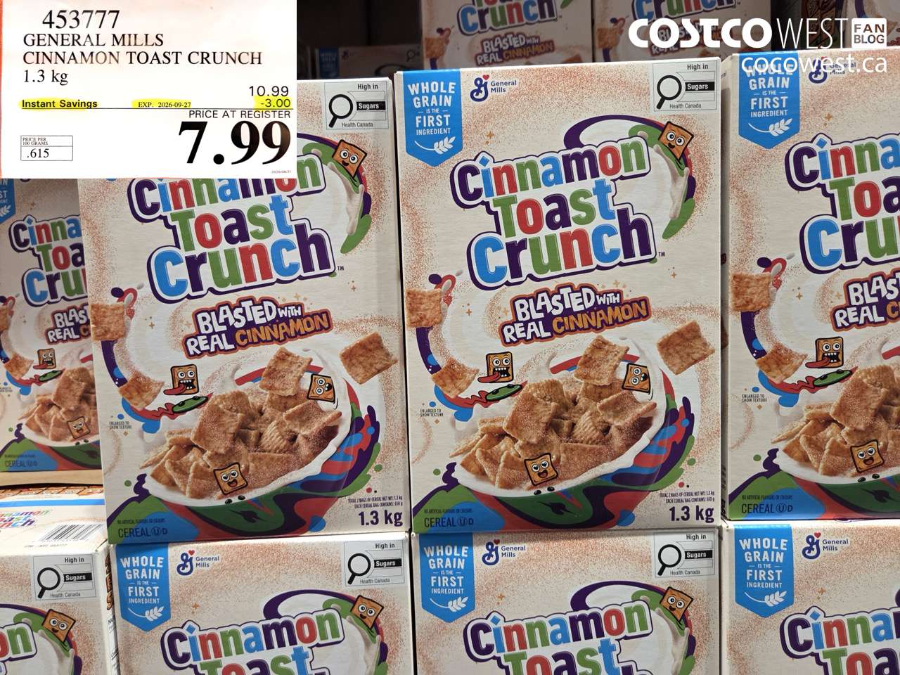 453777 GENERAL MILLS CINNAMON TOAST CRUNCH 1.3 KG ($3.00 INSTANT SAVINGS EXPIRES ON 2026-09-27) $7.99