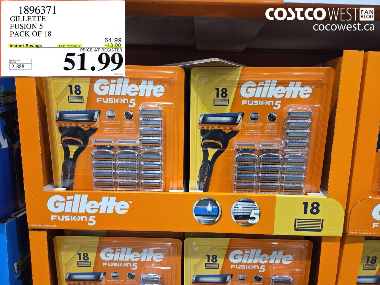 1896371 GILLETTE FUSION 5 PACK OF 18 ($13.00 INSTANT SAVINGS EXPIRES ON 2026-08-30) $51.99