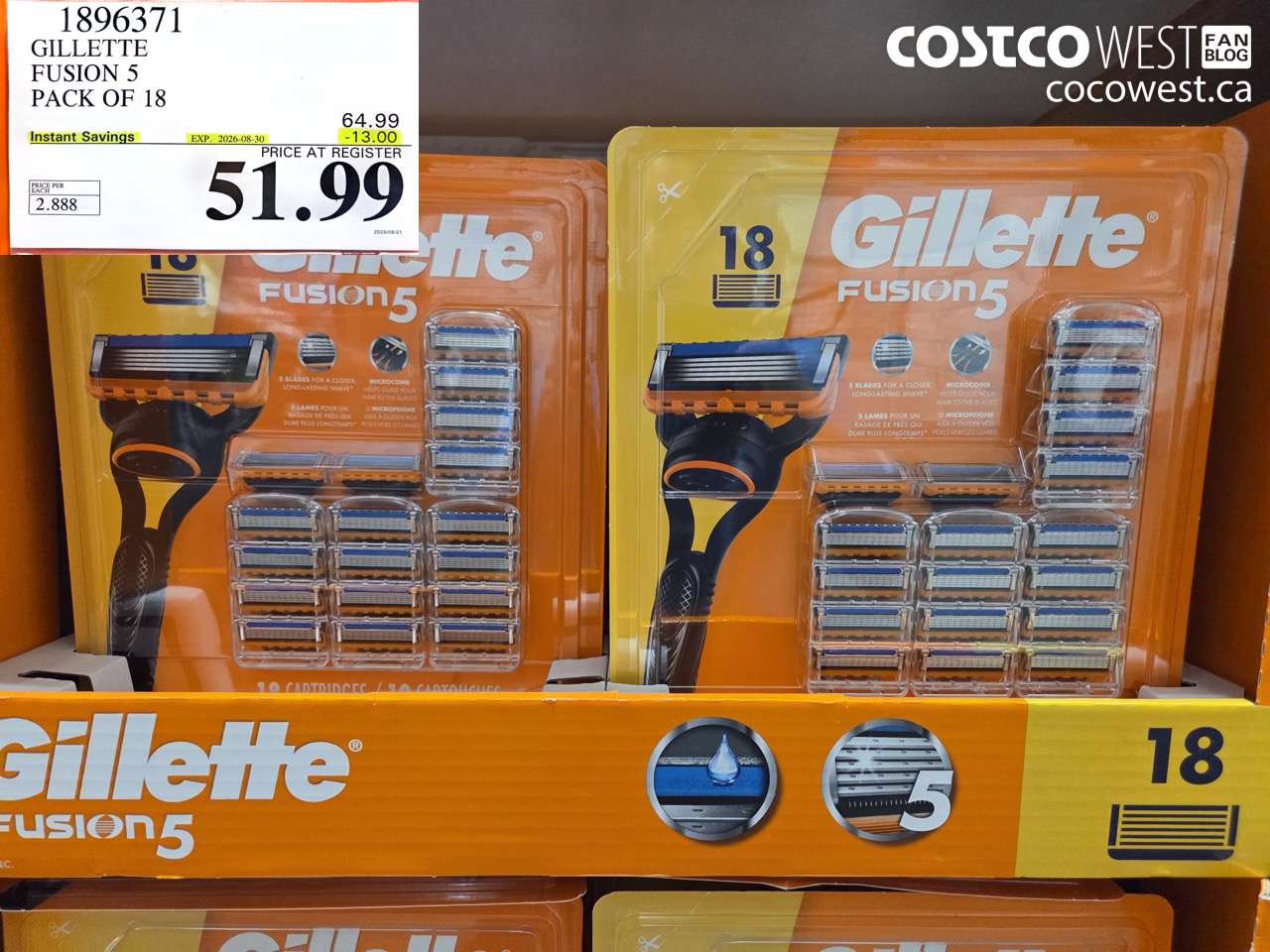 1896371 GILLETTE FUSION 5 PACK OF 18 ($13.00 INSTANT SAVINGS EXPIRES ON 2026-08-30) $51.99