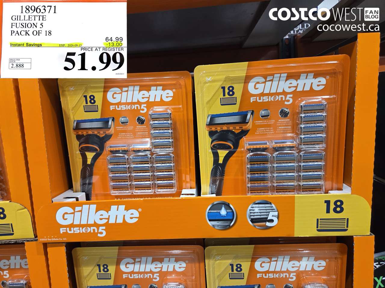 1896371 GILLETTE FUSION 5 PACK OF 18 ($13.00 INSTANT SAVINGS EXPIRES ON 2026-09-13) $51.99