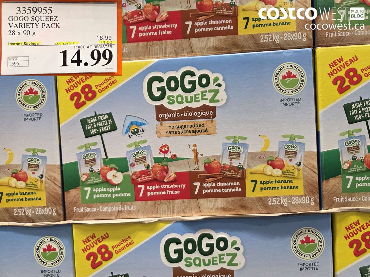 3359955 GOGO SQUEEZ VARIETY PACK 28 X 90 G ($4.00 INSTANT SAVINGS EXPIRES ON 2026-08-30) $14.99