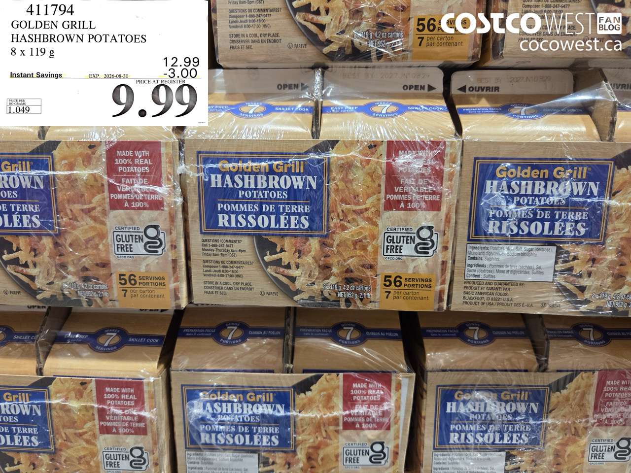 411794 GOLDEN GRILL HASHBROWN POTATOES 8 X 119 G ($3.00 INSTANT SAVINGS EXPIRES ON 2026-08-30) $9.99