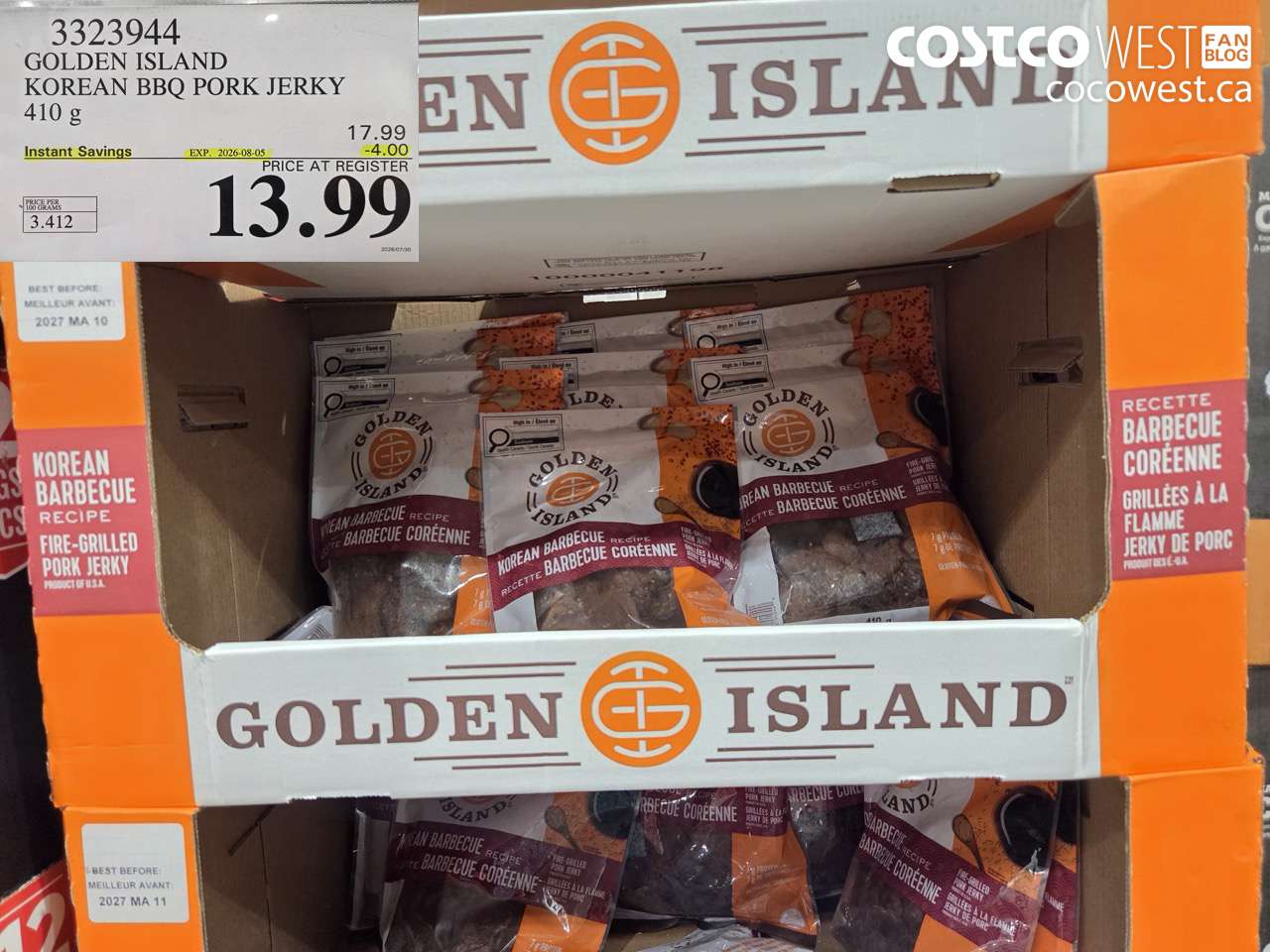 3323944 GOLDEN ISLAND KOREAN BBQ PORK JERKY 410 G ($4.00 INSTANT SAVINGS EXPIRES ON 2026-08-05) $13.99