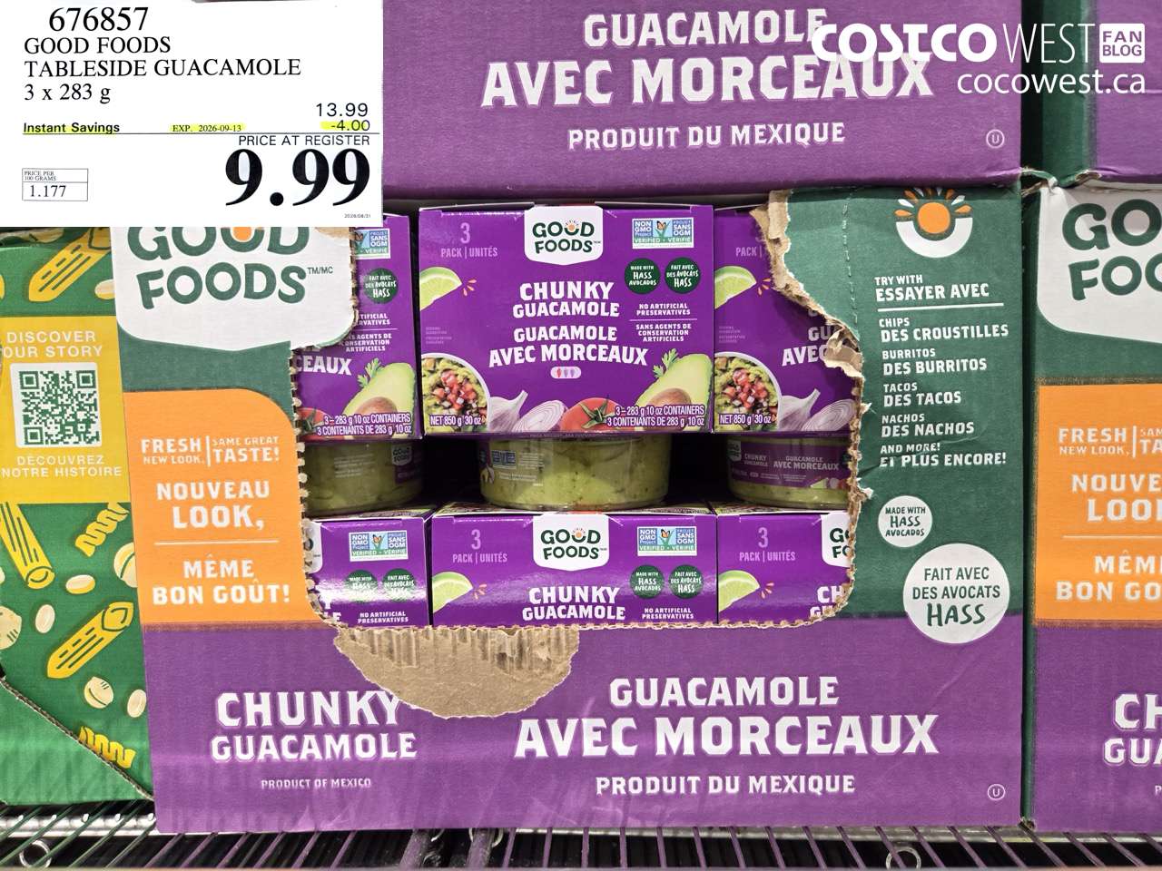 676857 GOOD FOODS TABLESIDE GUACAMOLE 3 X 283 G ($4.00 INSTANT SAVINGS EXPIRES ON 2026-09-13) $9.99