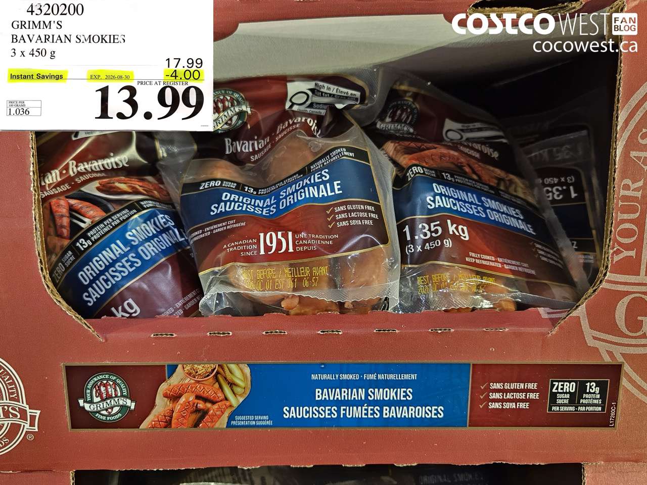 4320200 GRIMM'S BAVARIAN SMOKIES 3 X 450 G ($4.00 INSTANT SAVINGS EXPIRES ON 2026-08-30) $13.99