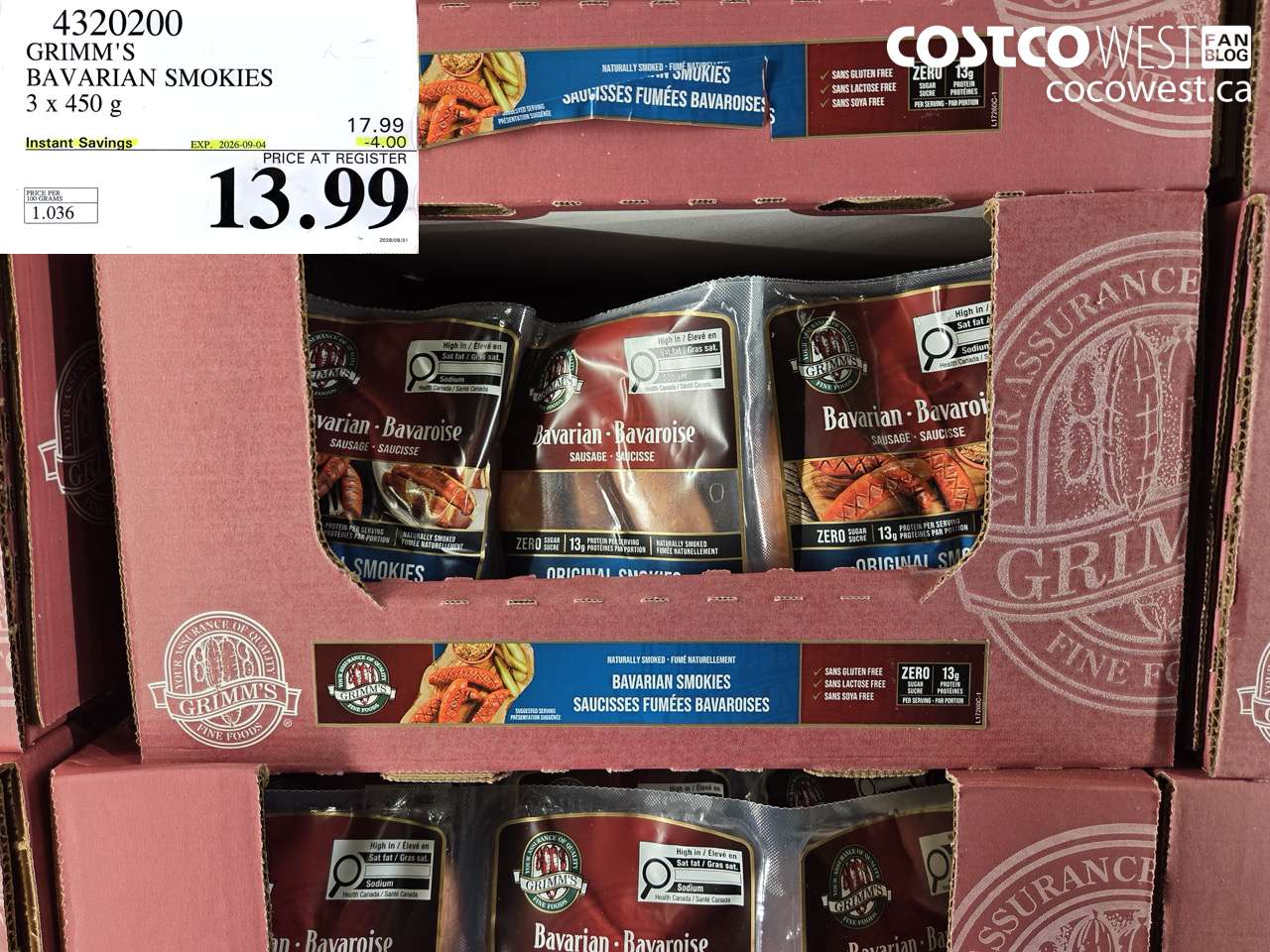 4320200 GRIMM'S BAVARIAN SMOKIES 3 X 450 G ($4.00 INSTANT SAVINGS EXPIRES ON 2026-09-04) $13.99