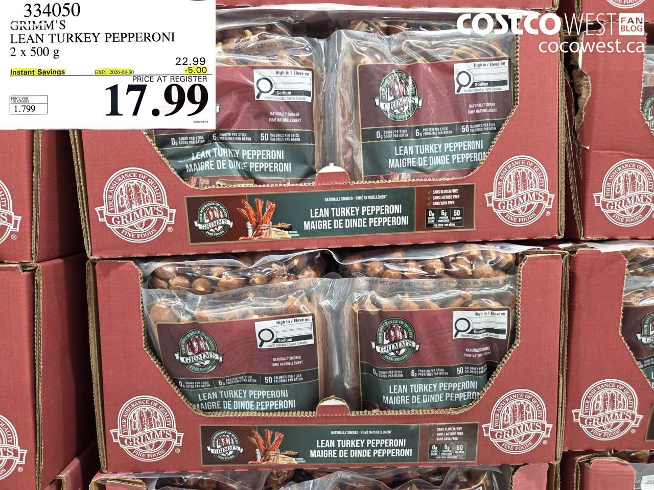334050 GRIMM'S LEAN TURKEY PEPPERONI 2 X 500 G ($5.00 INSTANT SAVINGS EXPIRES ON 2026-08-30) $17.99