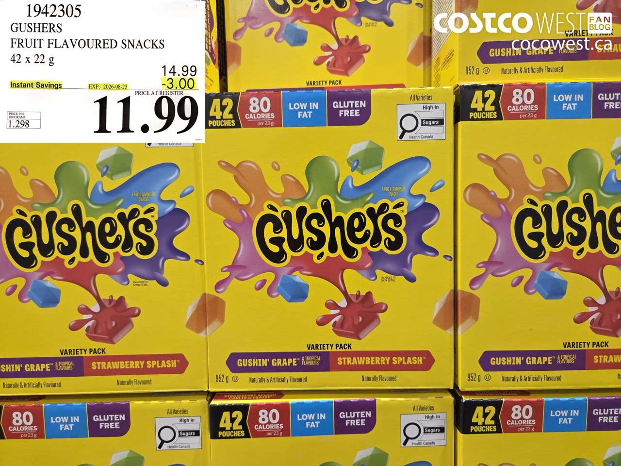 1942305 GUSHERS FRUIT FLAVOURED SNACKS 42 X 22 G ($3.00 INSTANT SAVINGS EXPIRES ON 2026-08-23) $11.99