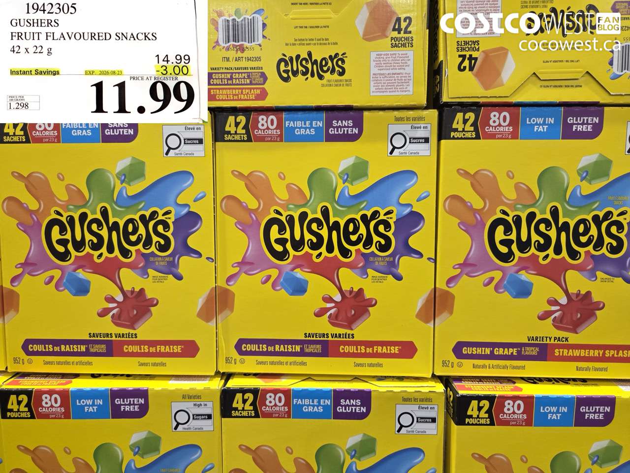 1942305 GUSHERS FRUIT FLAVOURED SNACKS 42 X 22 G ($3.00 INSTANT SAVINGS EXPIRES ON 2026-08-23) $11.99