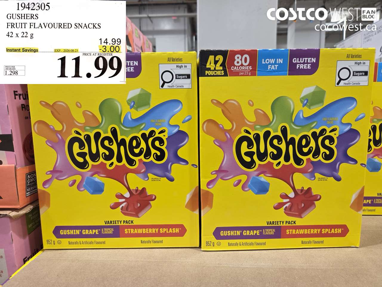 1942305 GUSHERS FRUIT FLAVOURED SNACKS 42 X 22 G ($3.00 INSTANT SAVINGS EXPIRES ON 2026-08-23) $11.99