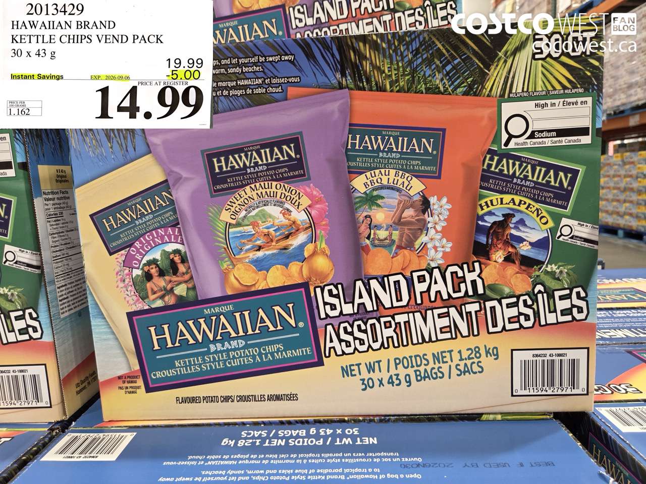 2013429 HAWAIIAN BRAND KETTLE CHIPS VEND PACK 30 X 43 G ($5.00 INSTANT SAVINGS EXPIRES ON 2026-09-06) $14.99