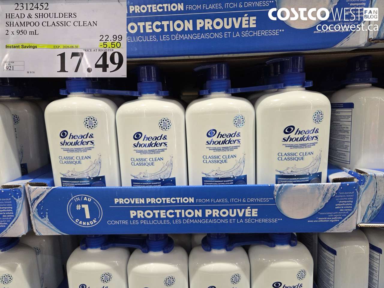 2312452 HEAD & SHOULDERS SHAMPOO CLASSIC CLEAN 2 X 950 ML ($5.50 INSTANT SAVINGS EXPIRES ON 2026-08-30) $17.49