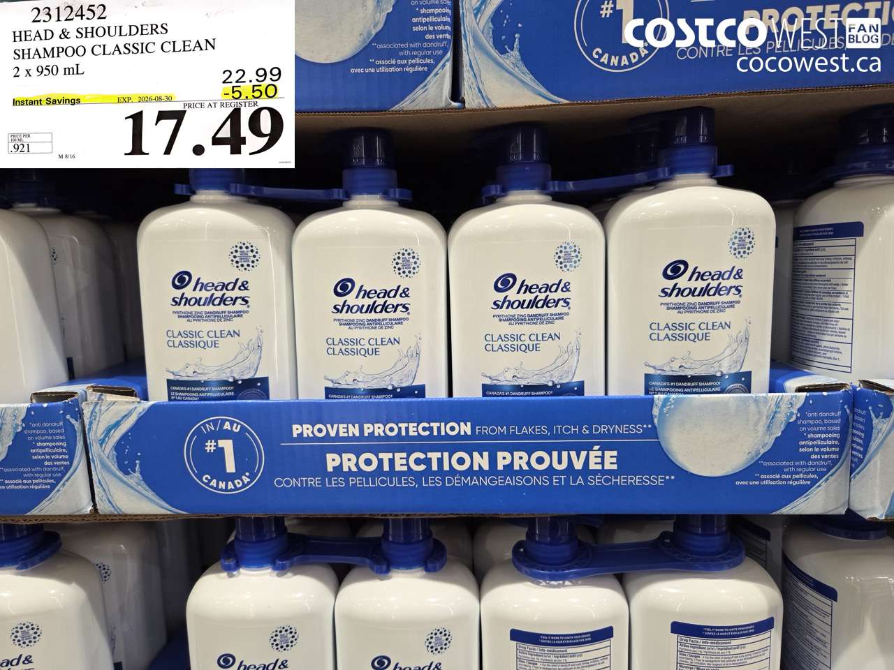 2312452 HEAD & SHOULDERS SHAMPOO CLASSIC CLEAN 2 X 950 ML ($5.50 INSTANT SAVINGS EXPIRES ON 2026-08-30) $17.49
