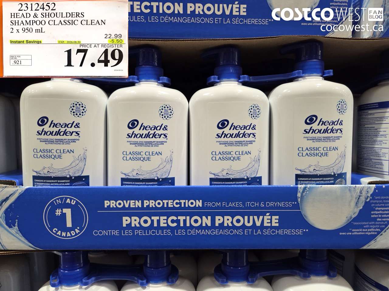 2312452 HEAD & SHOULDERS SHAMPOO CLASSIC CLEAN 2 X 950 ML ($5.50 INSTANT SAVINGS EXPIRES ON 2026-08-30) $17.49