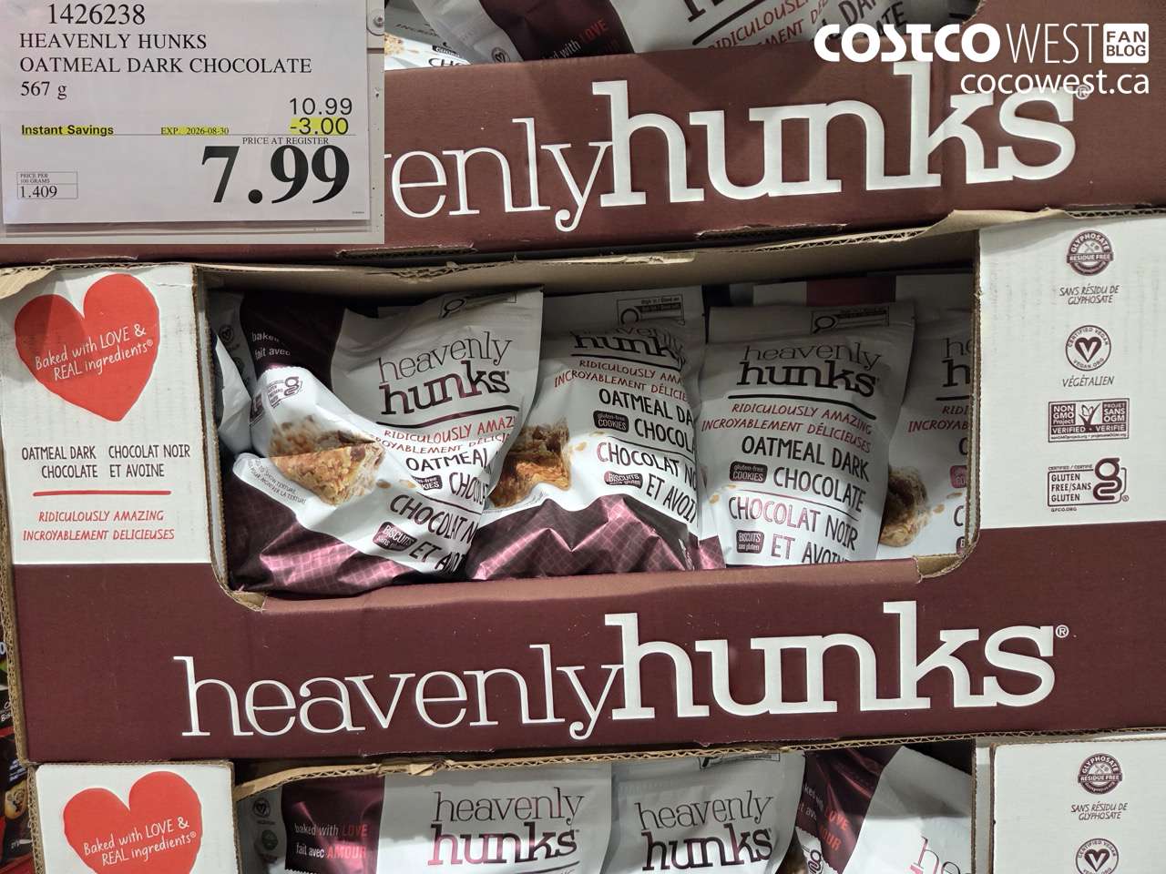 1426238 HEAVENLY HUNKS OATMEAL DARK CHOCOLATE 567 G ($3.00 INSTANT SAVINGS EXPIRES ON 2026-08-30) $7.99