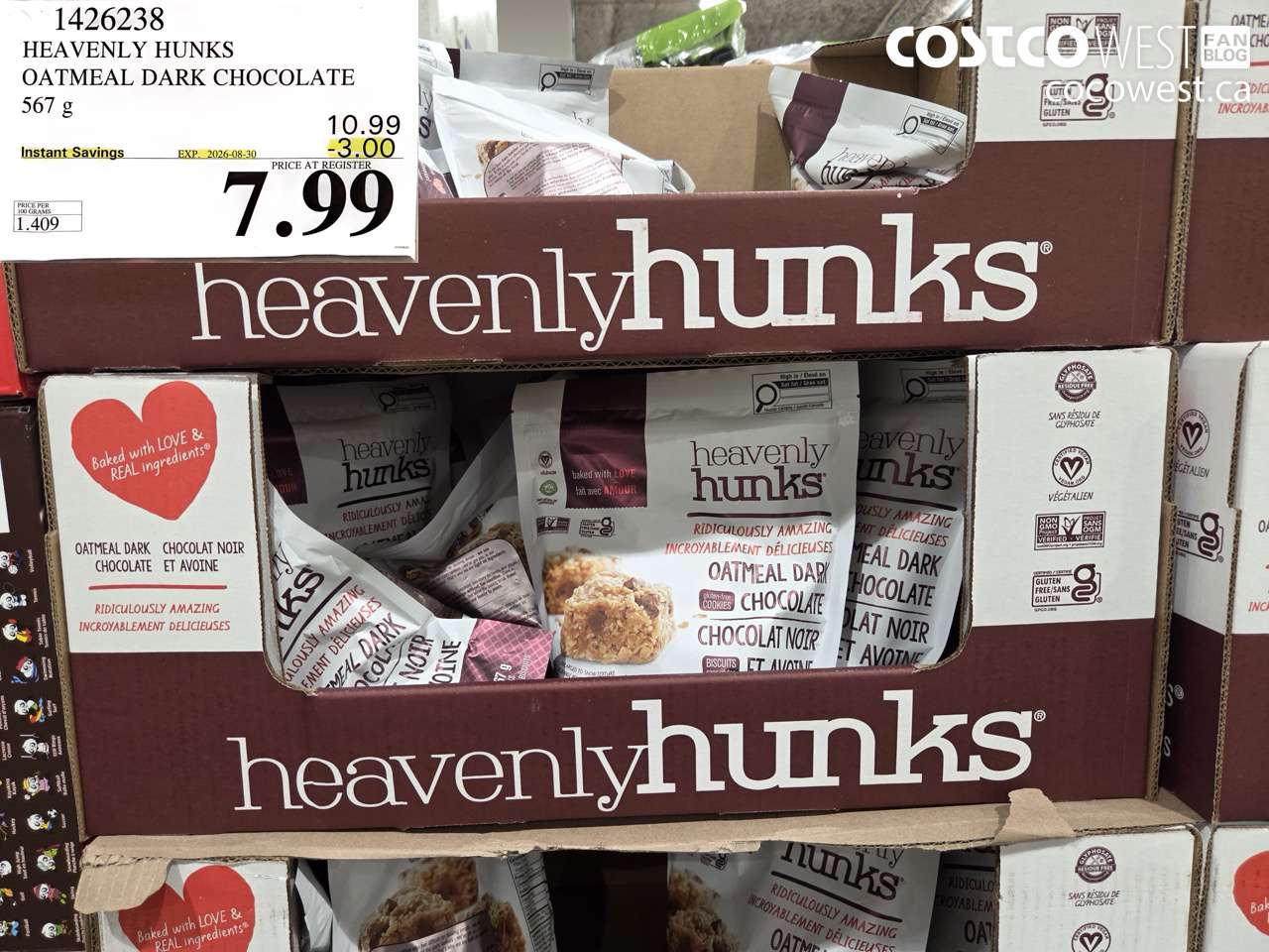 1426238 HEAVENLY HUNKS OATMEAL DARK CHOCOLATE 567 G ($3.00 INSTANT SAVINGS EXPIRES ON 2026-08-30) $7.99
