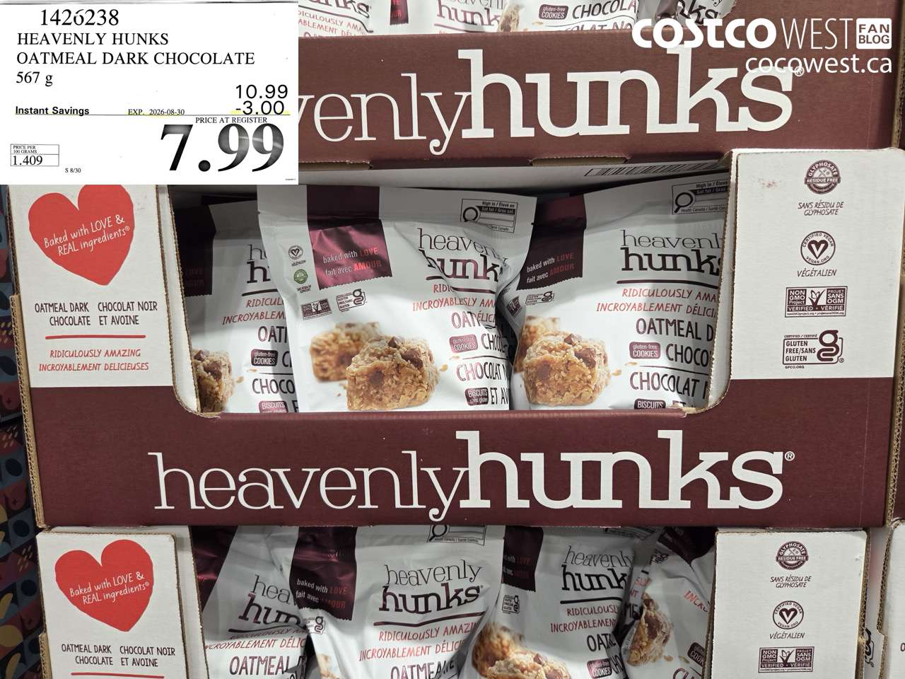 1426238 HEAVENLY HUNKS OATMEAL DARK CHOCOLATE 567 G ($3.00 INSTANT SAVINGS EXPIRES ON 2026-08-30) $7.99