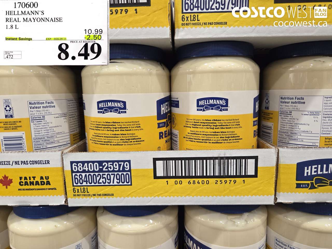 170600 HELLMANN'S REAL MAYONNAISE 1.8 L ($2.50 INSTANT SAVINGS EXPIRES ON 2026-09-13) $8.49