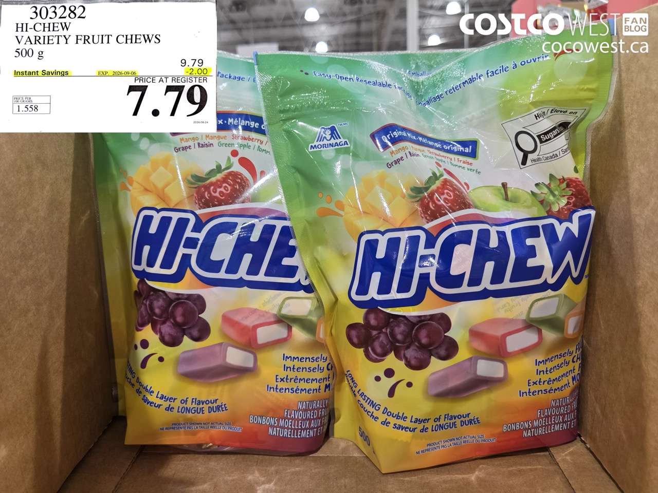 303282 HI-CHEW VARIETY FRUIT CHEWS 500 G ($2.00 INSTANT SAVINGS EXPIRES ON 2026-09-06) $7.79
