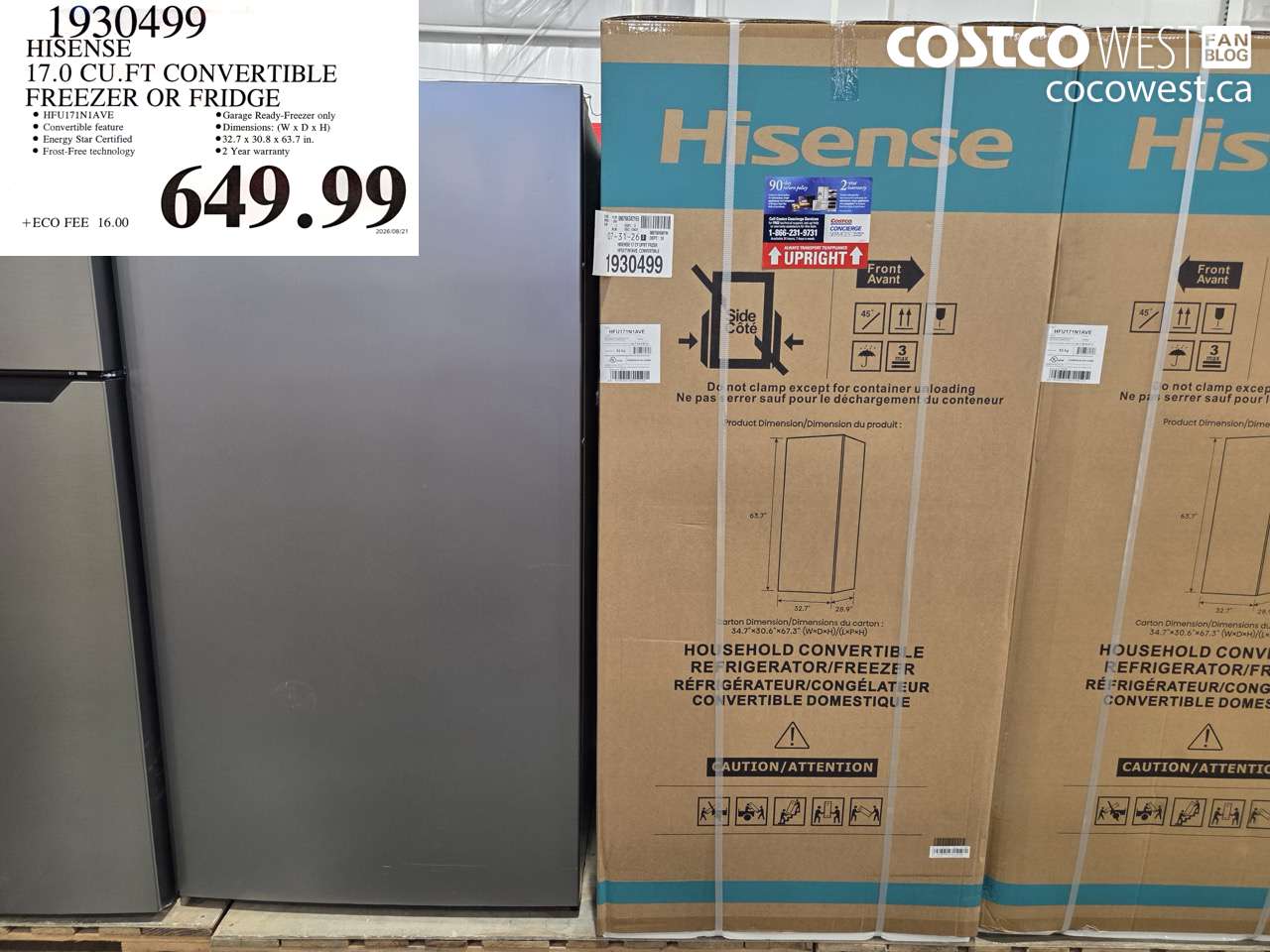 1930499 HISENSE 17.0 CU.FT CONVERTIBLE FREEZER OR FRIDGE $649.99