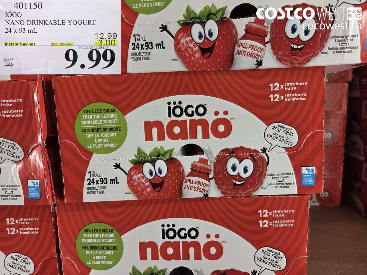 401150 IÖGO NANO DRINKABLE YOGURT 24 X 93 ML ($3.00 INSTANT SAVINGS EXPIRES ON 2026-08-30) $9.99
