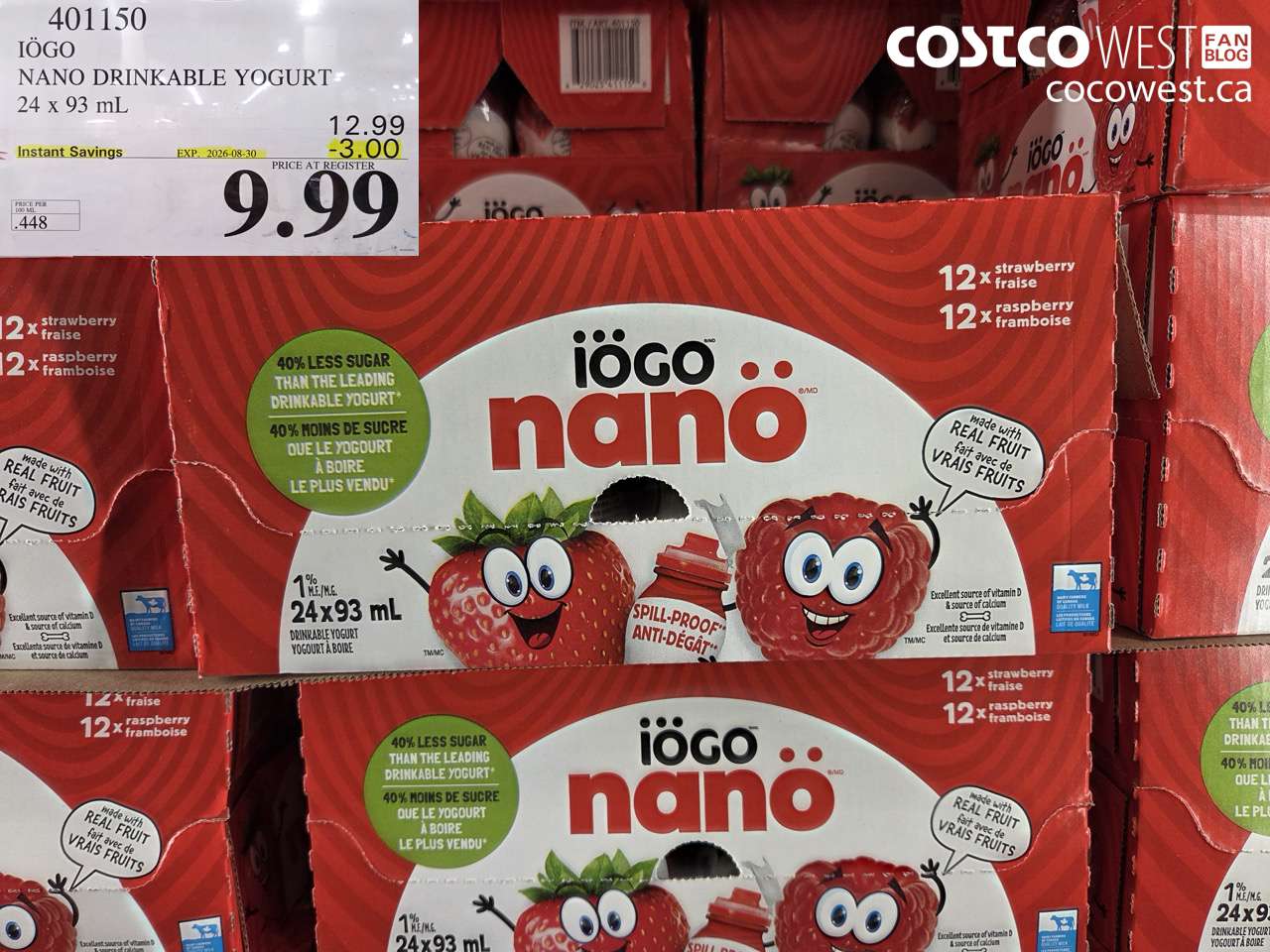 401150 IÖGO NANO DRINKABLE YOGURT 24 X 93 ML ($3.00 INSTANT SAVINGS EXPIRES ON 2026-08-30) $9.99