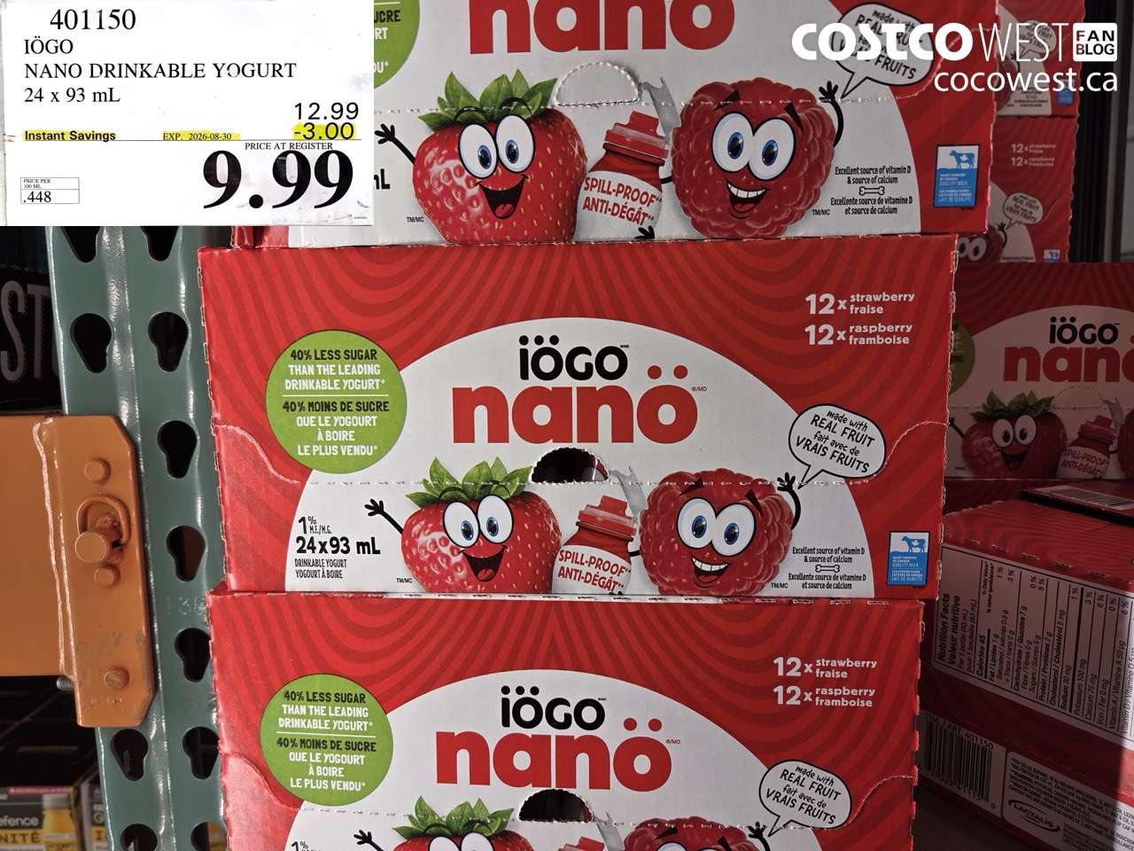 401150 IÖGO NANO DRINKABLE YOGURT 24 X 93 ML ($3.00 INSTANT SAVINGS EXPIRES ON 2026-08-30) $9.99
