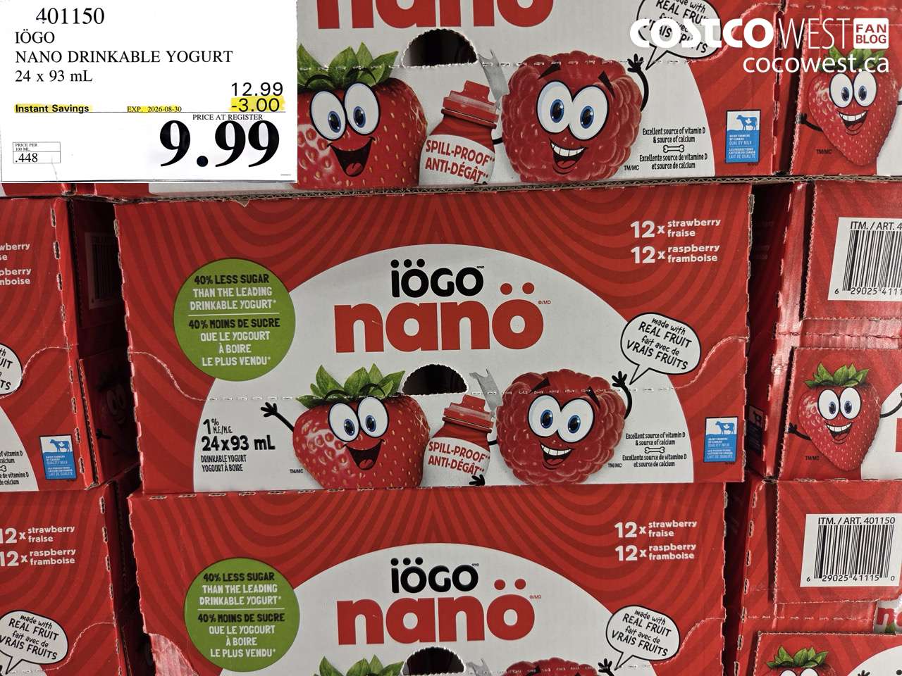 401150 IÖGO NANO DRINKABLE YOGURT 24 X 93 ML ($3.00 INSTANT SAVINGS EXPIRES ON 2026-08-30) $9.99