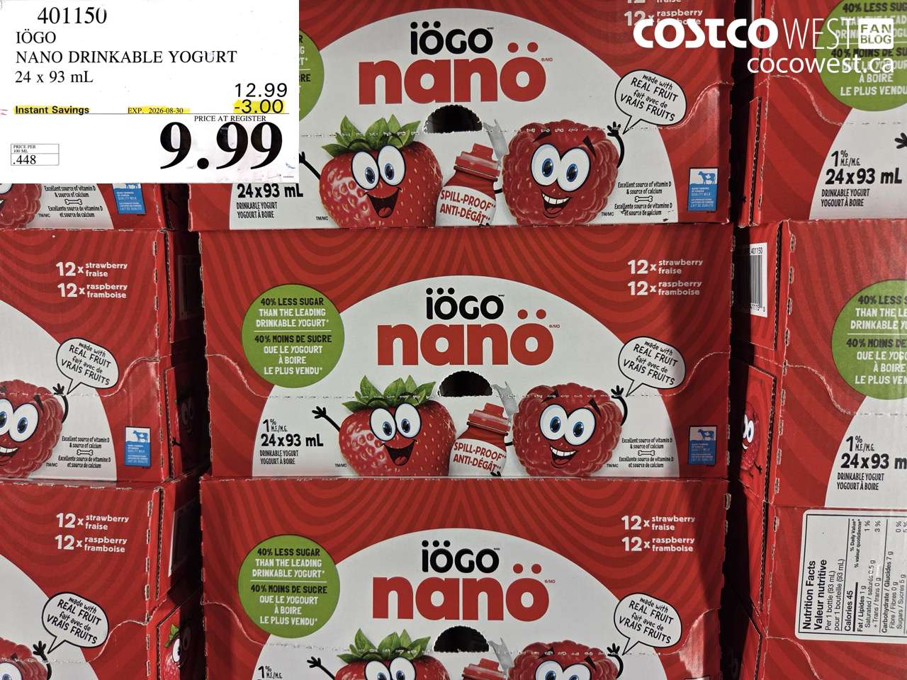 401150 IÖGO NANO DRINKABLE YOGURT 24 X 93 ML ($3.00 INSTANT SAVINGS EXPIRES ON 2026-08-30) $9.99