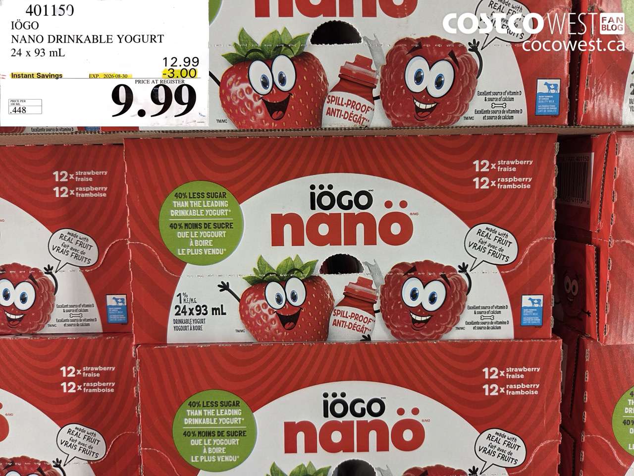 401150 IÖGO NANO DRINKABLE YOGURT 24 X 93 ML ($3.00 INSTANT SAVINGS EXPIRES ON 2026-08-30) $9.99