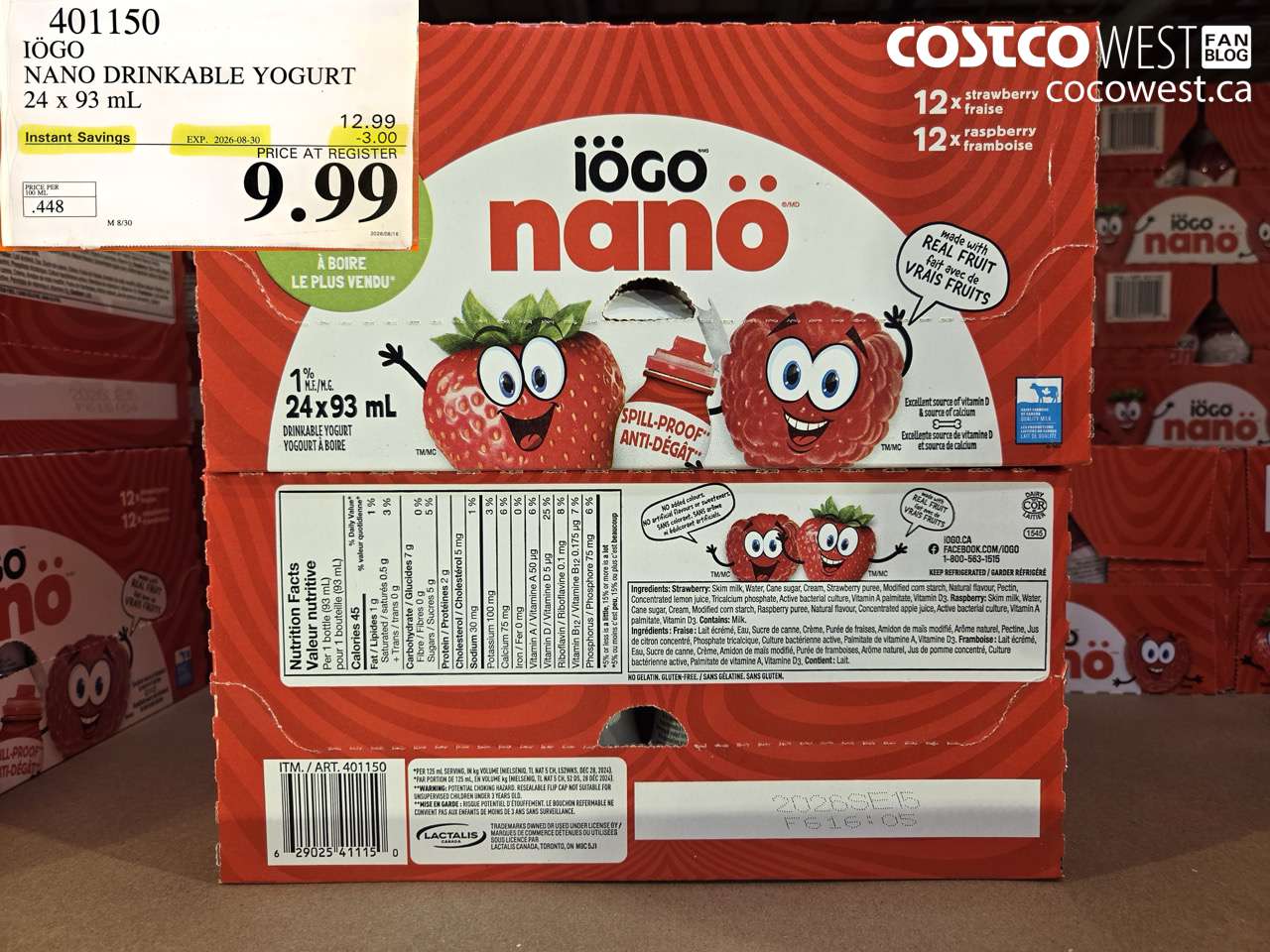401150 IÖGO NANO DRINKABLE YOGURT 24 X 93 ML ($3.00 INSTANT SAVINGS EXPIRES ON 2026-08-30) $9.99