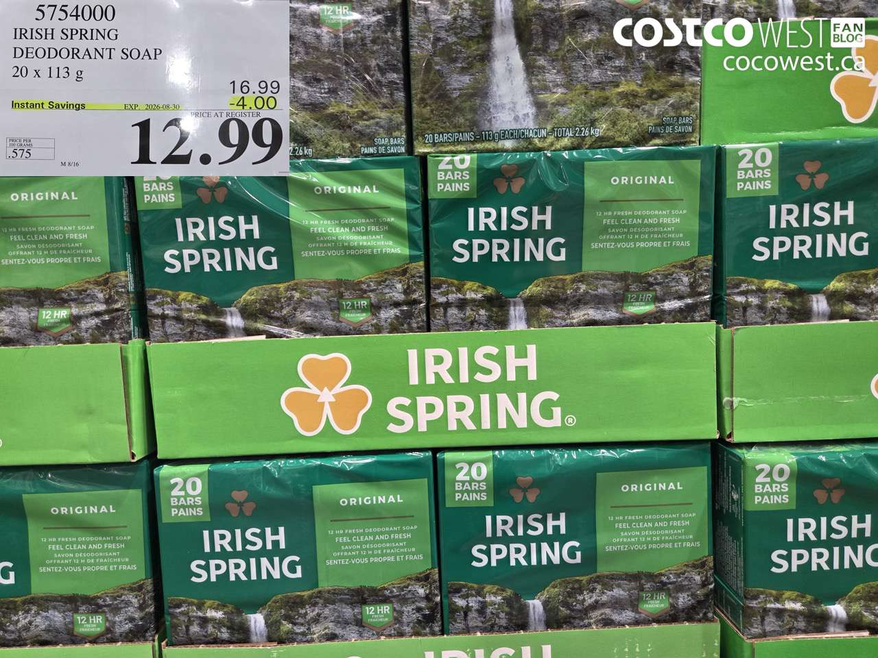 5754000 IRISH SPRING DEODORANT SOAP 20 X 113 G ($4.00 INSTANT SAVINGS EXPIRES ON 2026-08-30) $12.99