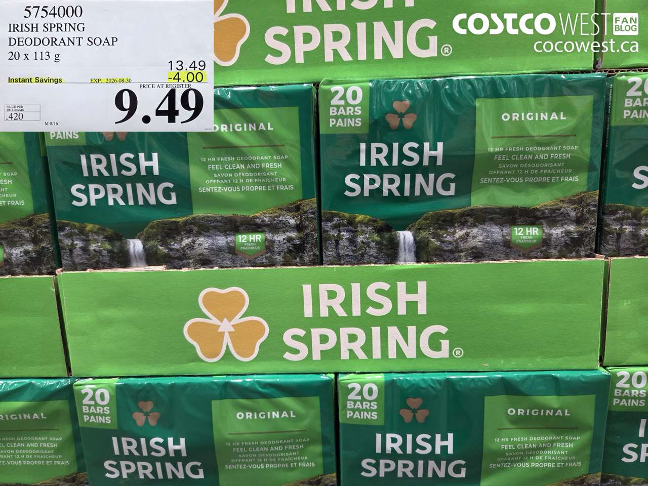 5754000 IRISH SPRING DEODORANT SOAP 20 X 113 G ($4.00 INSTANT SAVINGS EXPIRES ON 2026-08-30) $9.49