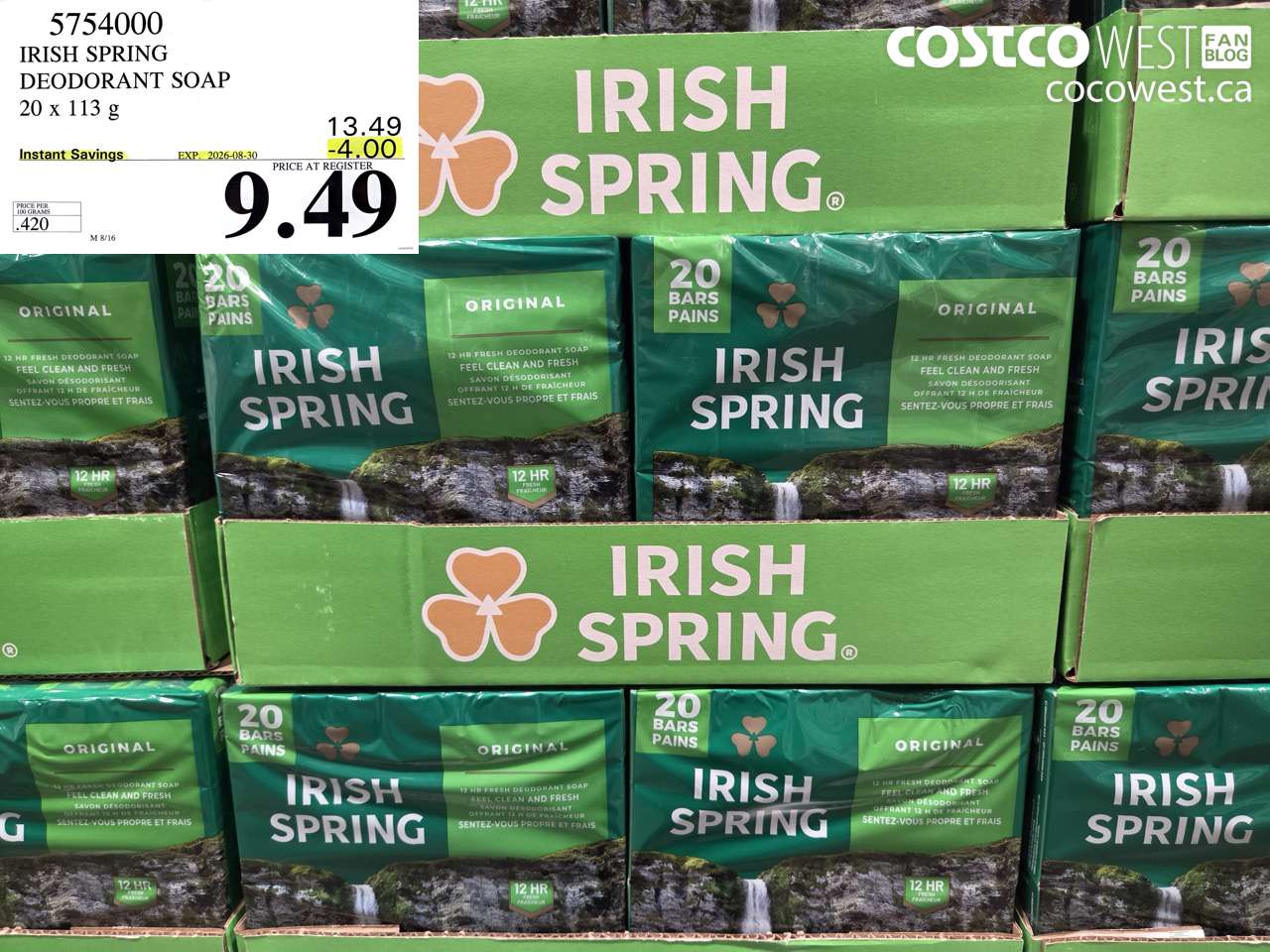 5754000 IRISH SPRING DEODORANT SOAP 20 X 113 G ($4.00 INSTANT SAVINGS EXPIRES ON 2026-08-30) $9.49