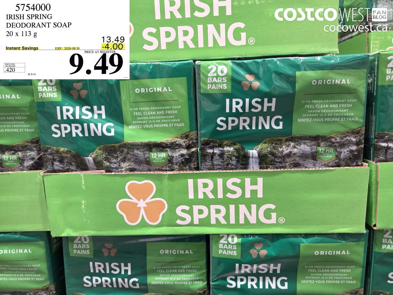 5754000 IRISH SPRING DEODORANT SOAP 20 X 113 G ($4.00 INSTANT SAVINGS EXPIRES ON 2026-08-30) $9.49