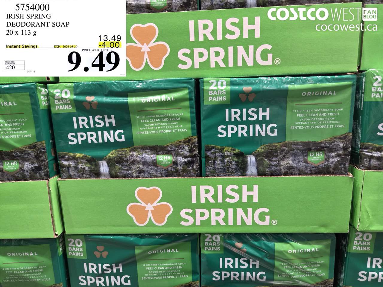 5754000 IRISH SPRING DEODORANT SOAP 20 X 113 G ($4.00 INSTANT SAVINGS EXPIRES ON 2026-08-30) $9.49